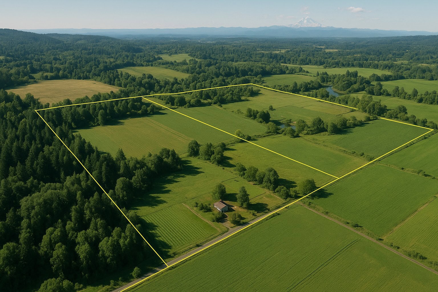 Aerial view of rural Washington with property lines and natural landmarks.