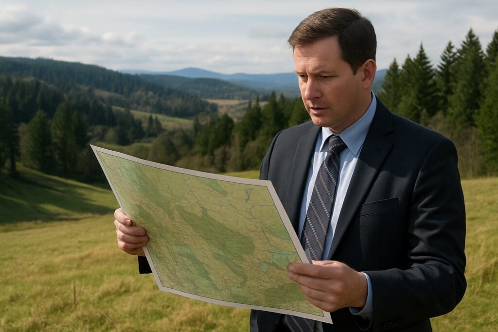 Land broker examining a property map in rural Washington State.