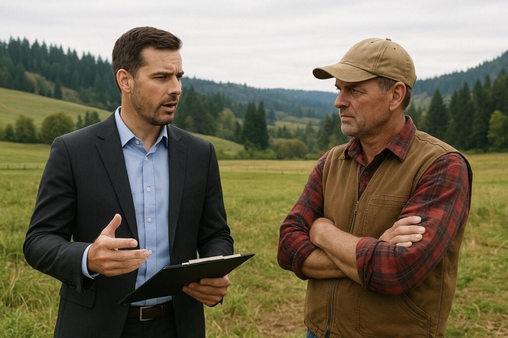 Agricultural consultant and farmer discussing farm credit in Washington State.