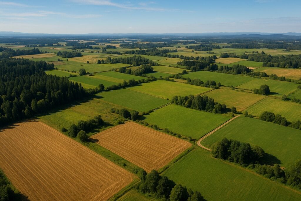 Aerial view of Washington State agricultural land with fields and forests.