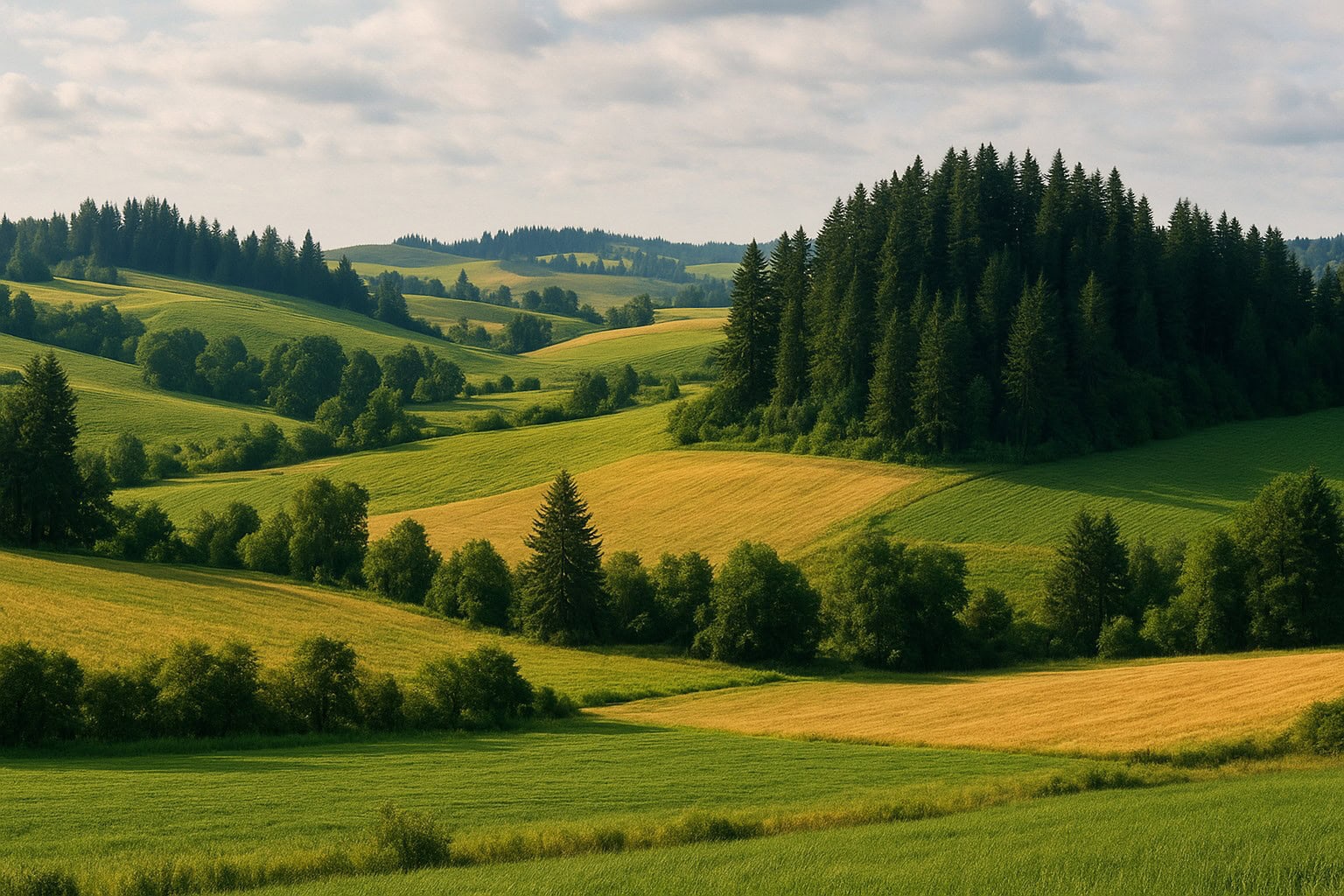 Scenic Washington State farmland with hills and evergreens.