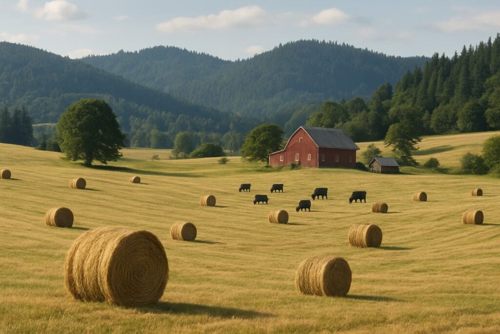 A Washington State farm with hay fields and forested hills.