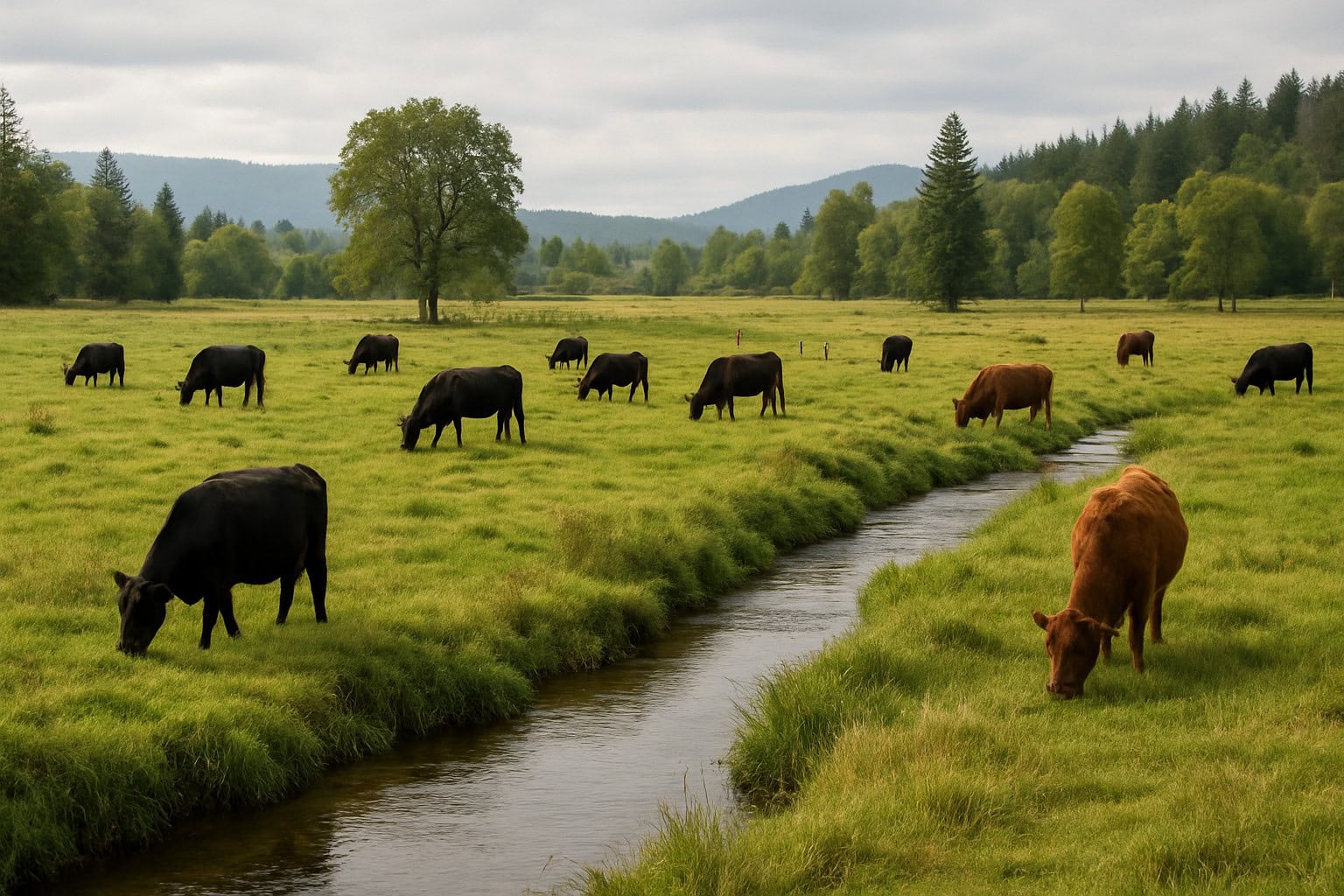 Rural Washington State ranch with cattle and a creek.