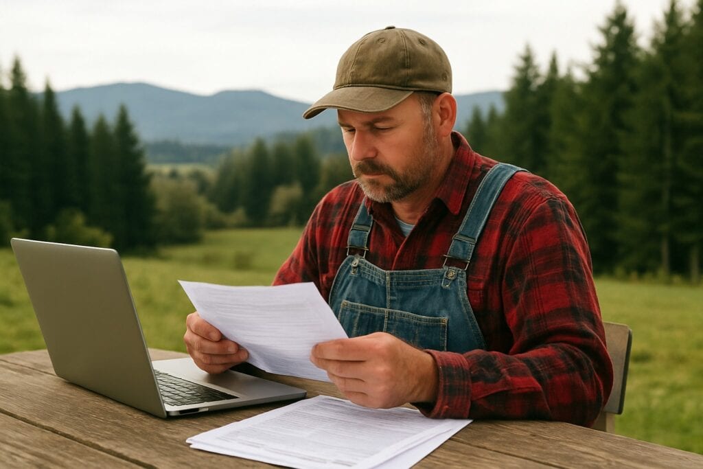 Farmer reviewing tax documents in rural Washington.