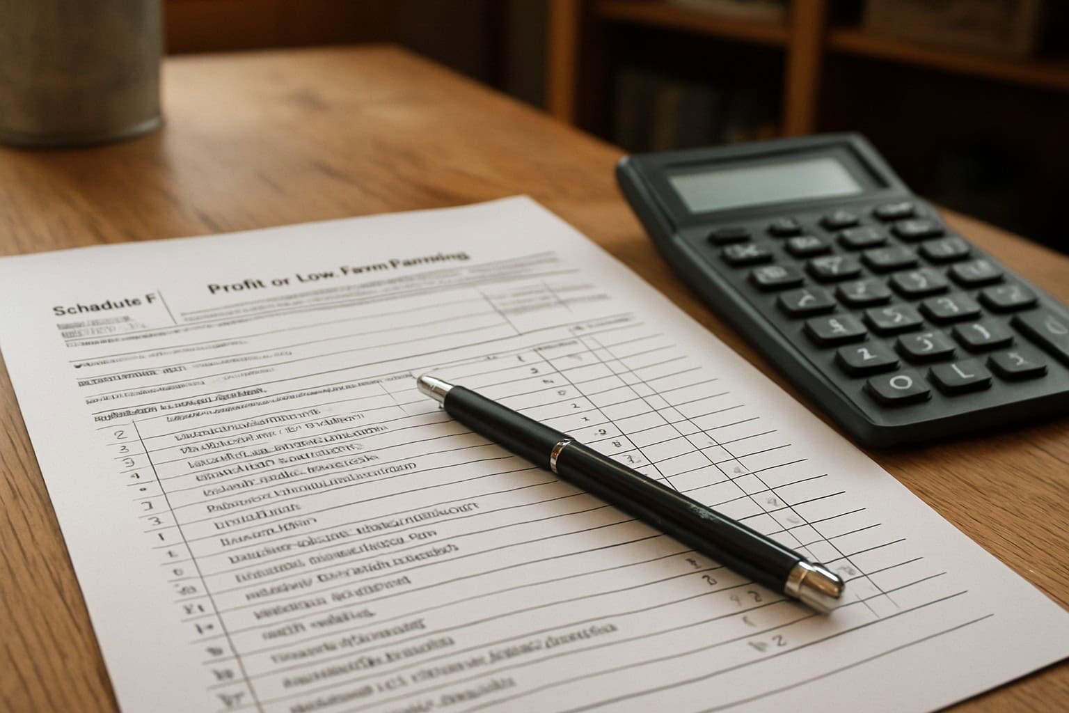 Schedule F tax form with pen and calculator.