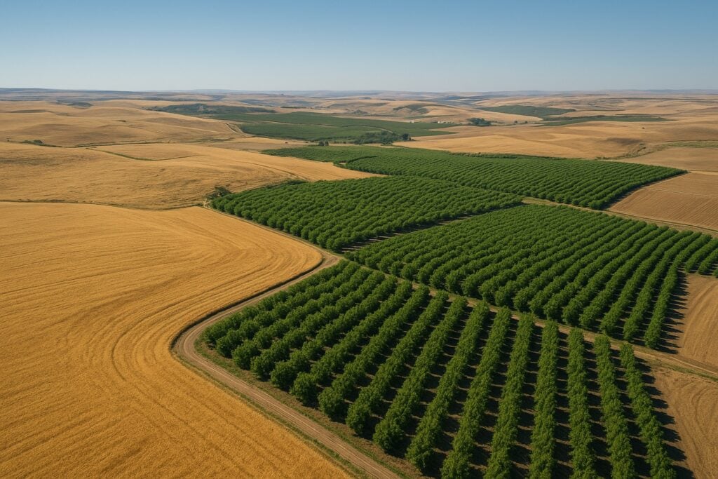Aerial view of Washington State agricultural landscapes with wheat fields and orchards.