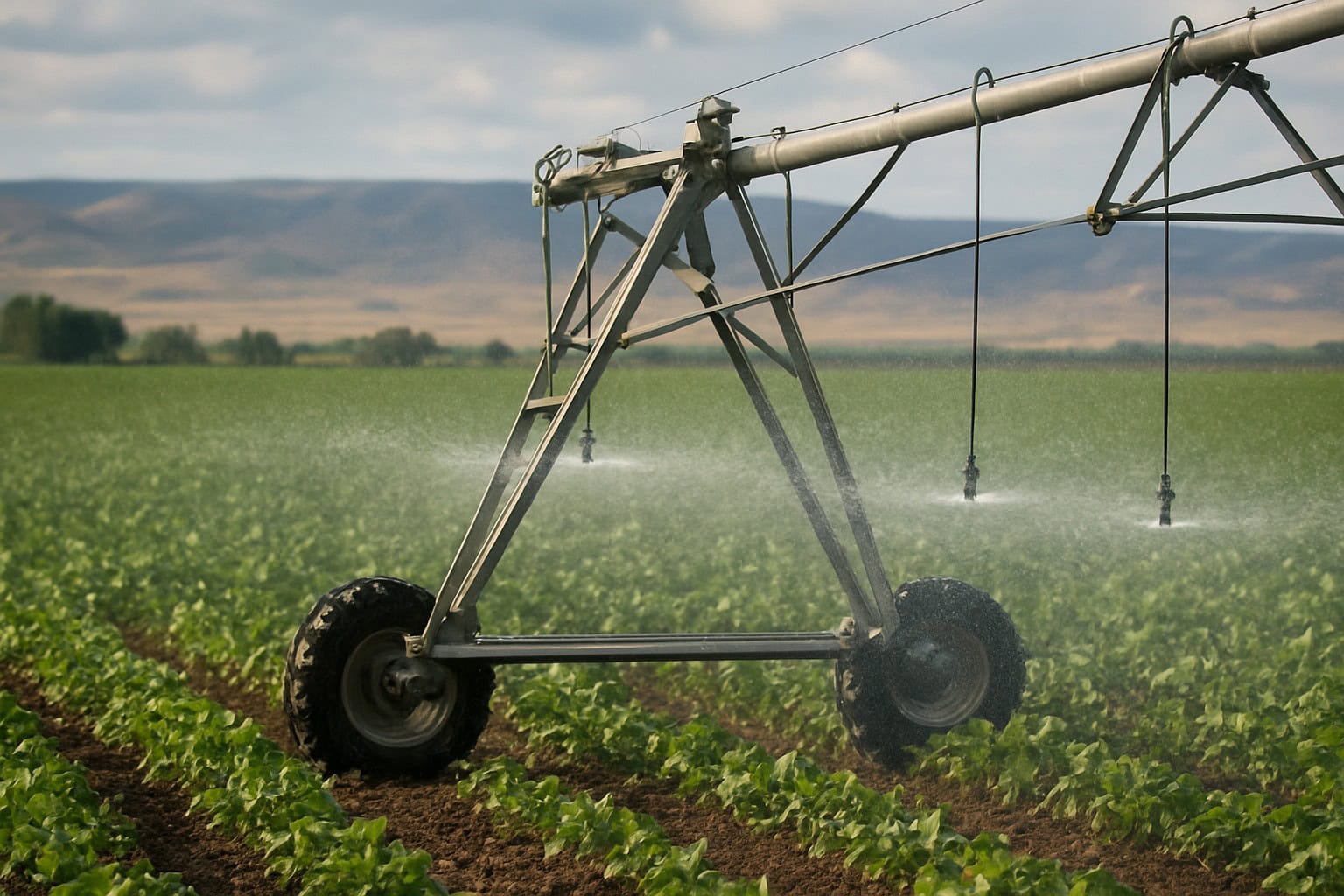 Efficient irrigation system on a Columbia Basin farm with crops.