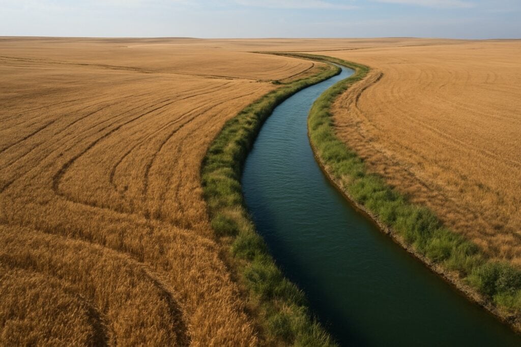 Irrigation canal on Eastern Washington farmland with wheat fields.
