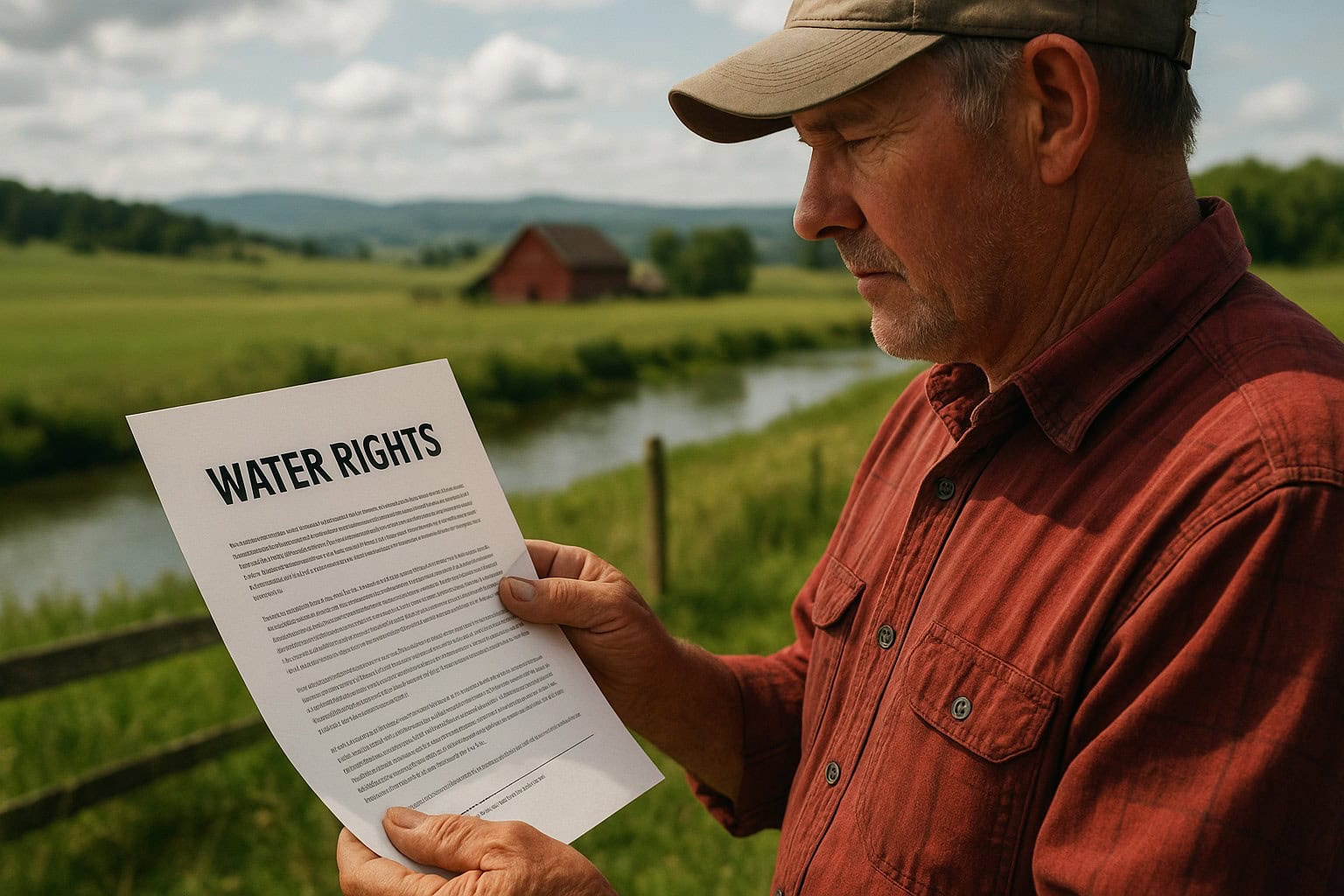Farmer reviewing water rights document in rural Washington.
