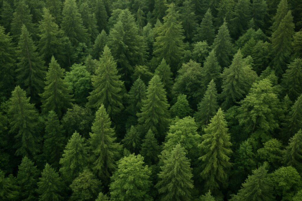 Aerial view of a dense forest in the Olympic Peninsula with Douglas fir and western hemlock.