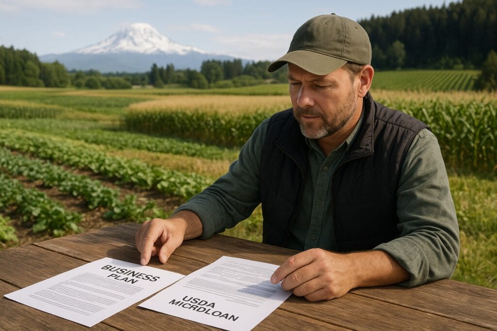 A farmer in Washington State reviewing a USDA Microloan application with diverse agricultural landscapes in the background.