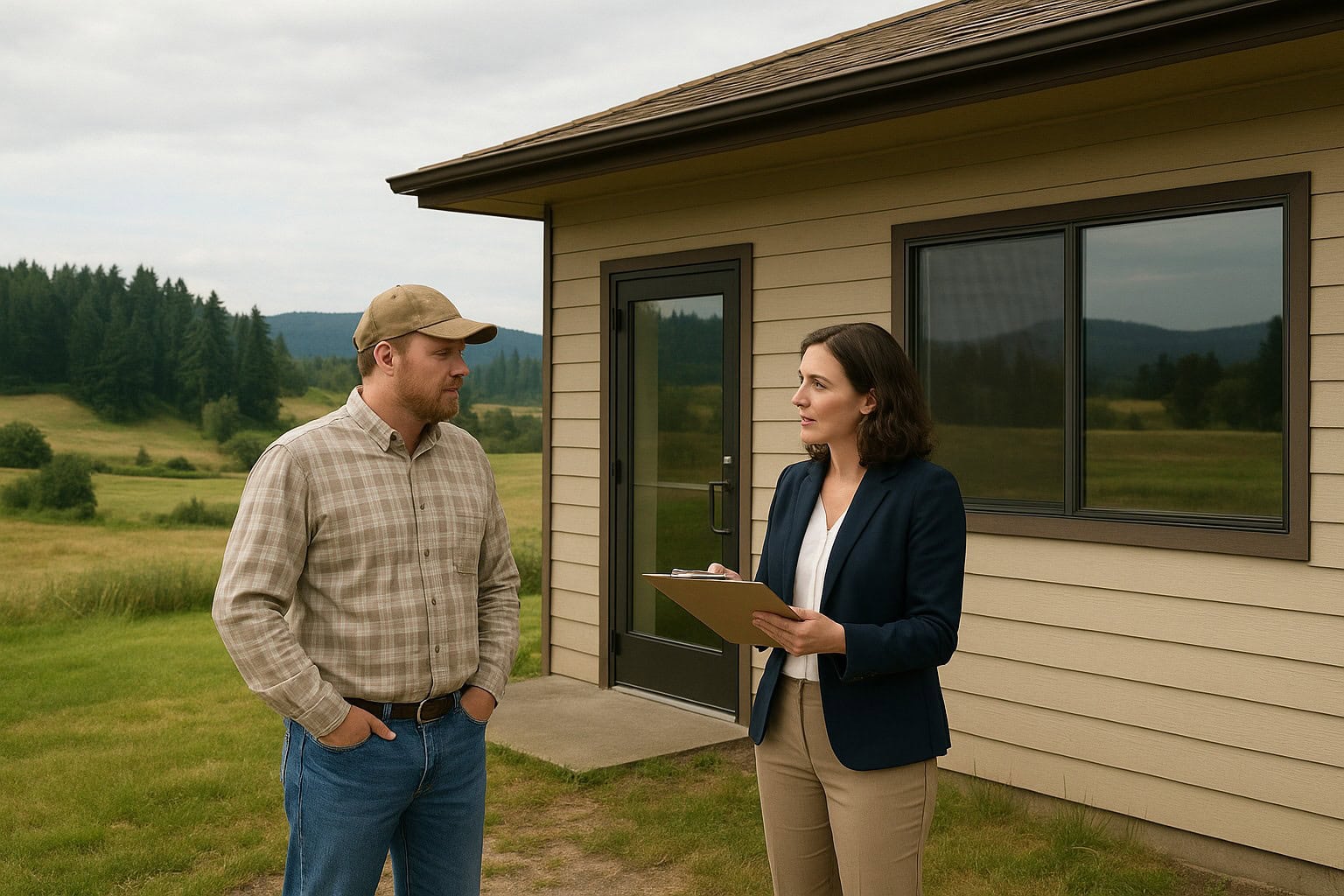 A Farm Service Agency office in Washington with a farmer and agent discussing microloans.