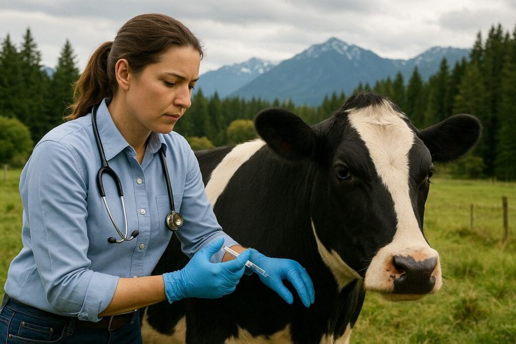 Veterinarian vaccinating a cow in rural Washington State.