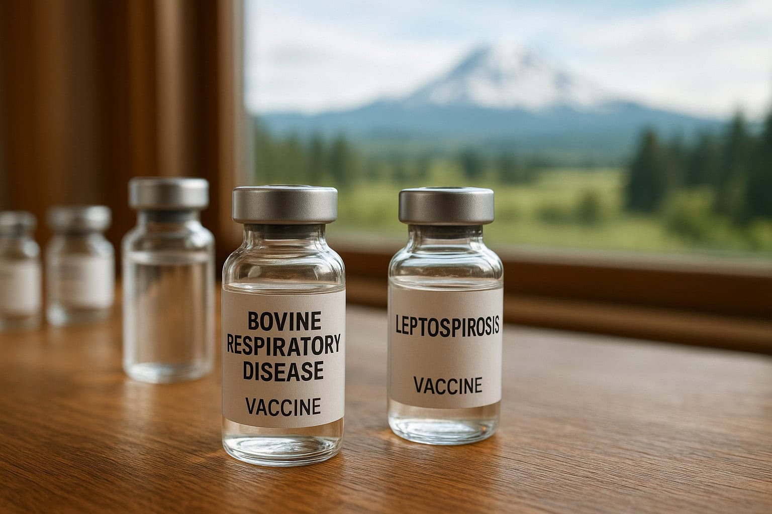 Vaccine vials for cattle diseases with Washington landscape.