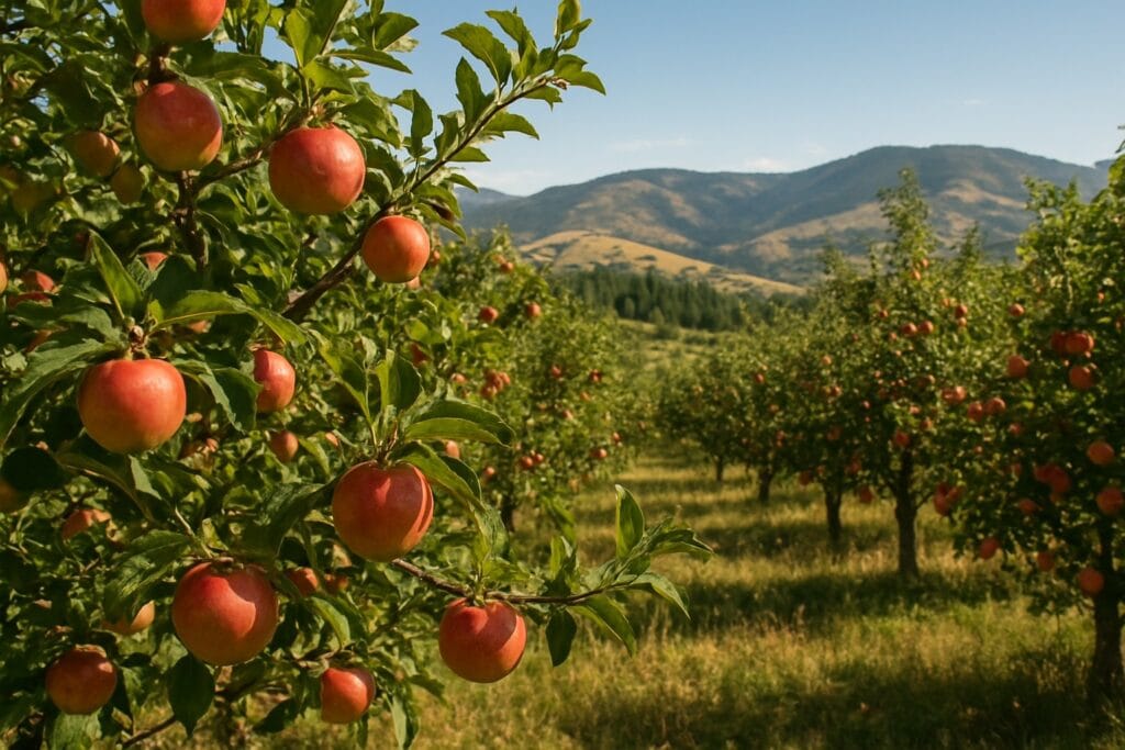 Washington State apple orchard during the 2023 harvest with vibrant apples and clear skies.