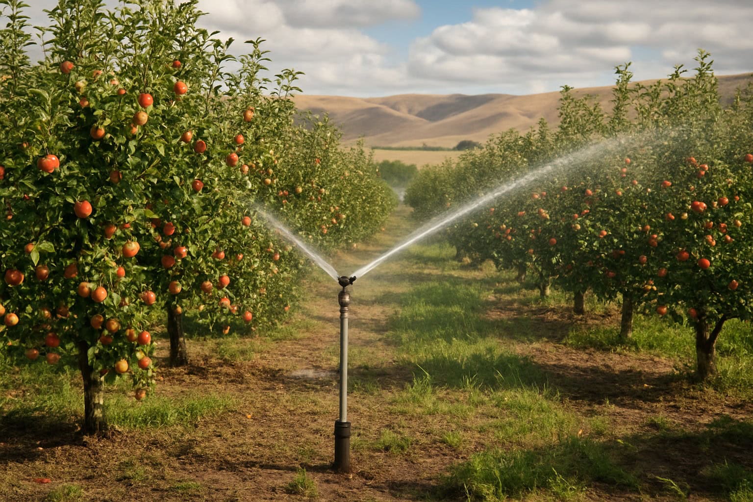 Irrigated apple orchard in Yakima Valley, Washington, emphasizing water management in 2023.
