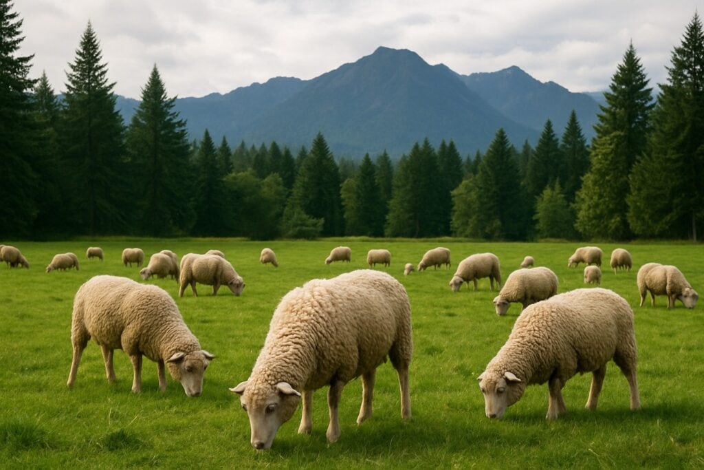 Sheep grazing in a lush pasture with Washington's evergreen landscape.