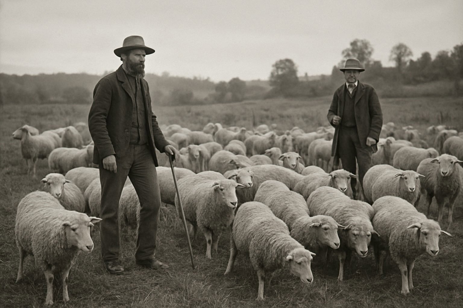 Historical photo of sheep farmers in late 1800s Washington.