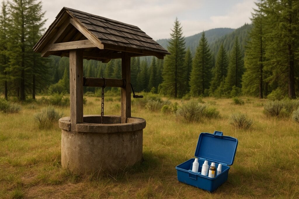 Rural well in Washington State with water testing kit for nitrate levels.