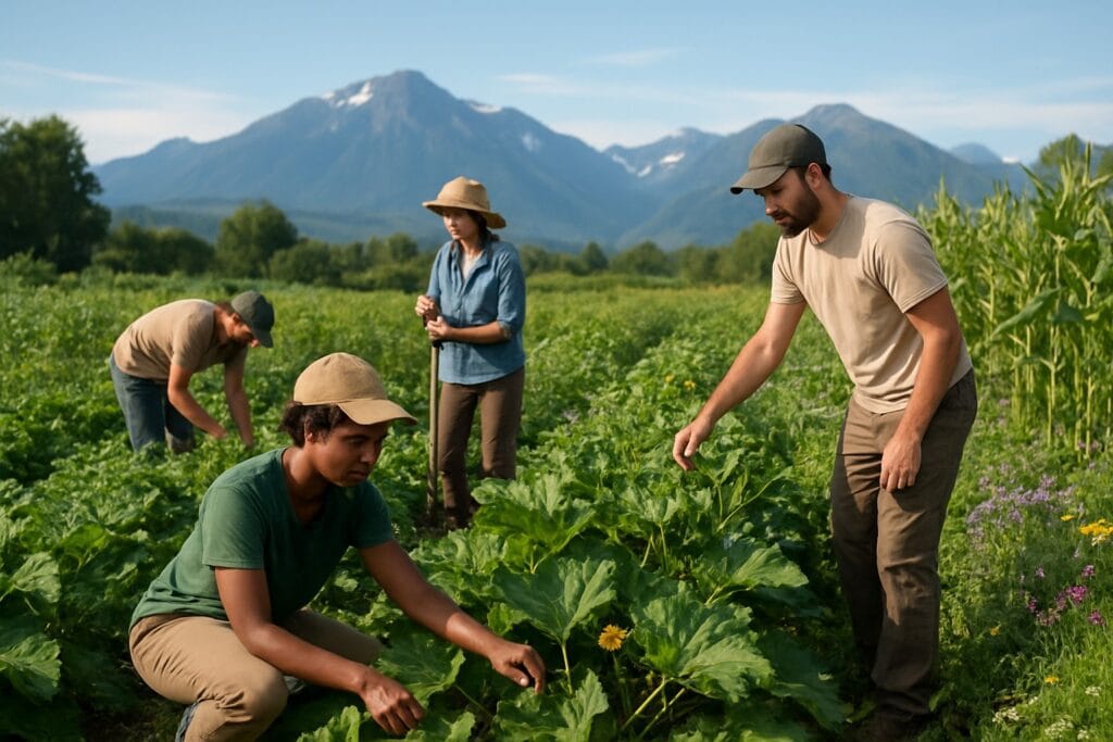 Farm interns in a Washington State field with mountains in the background.