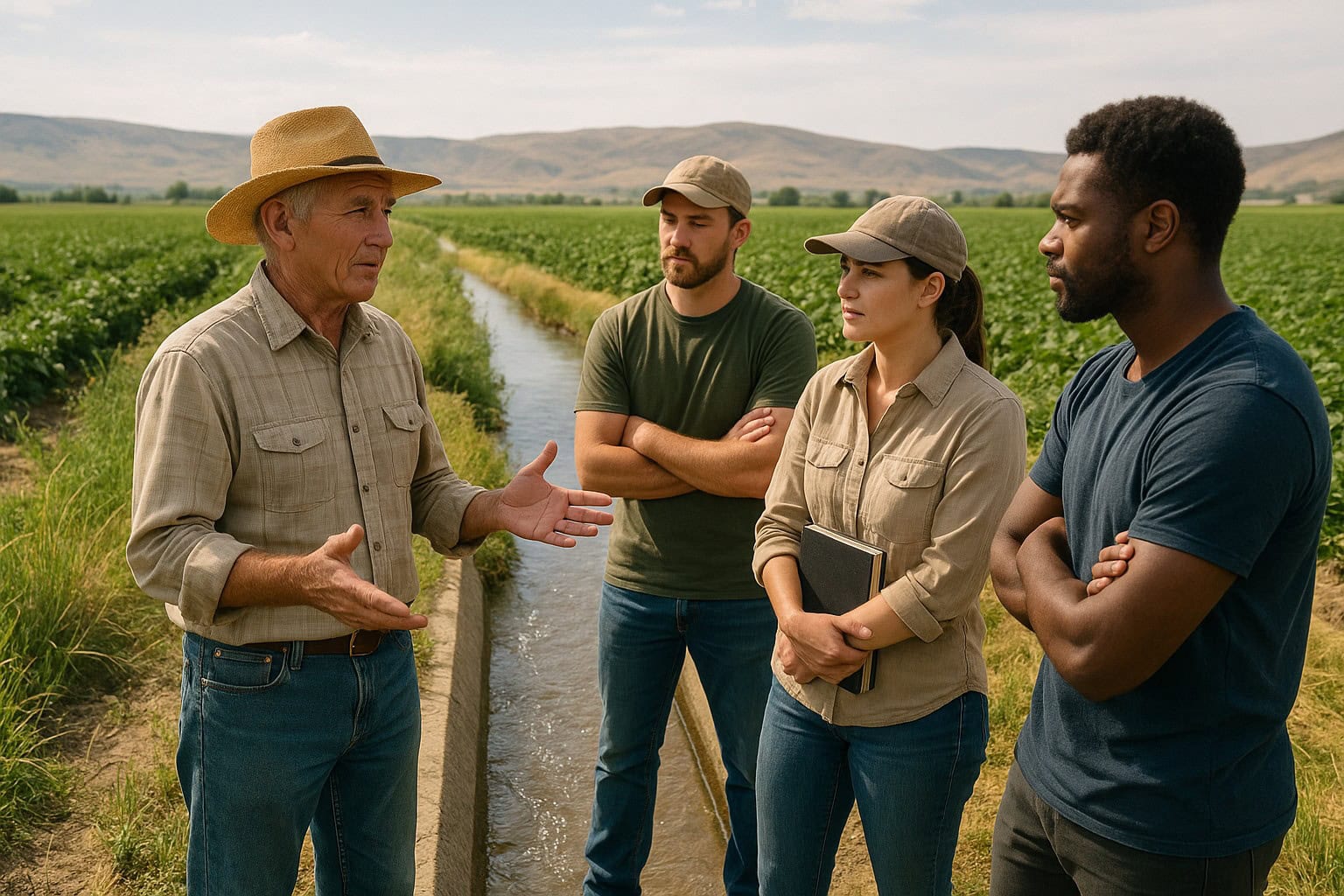 Farmer teaching interns about irrigation in Yakima Valley with canals.