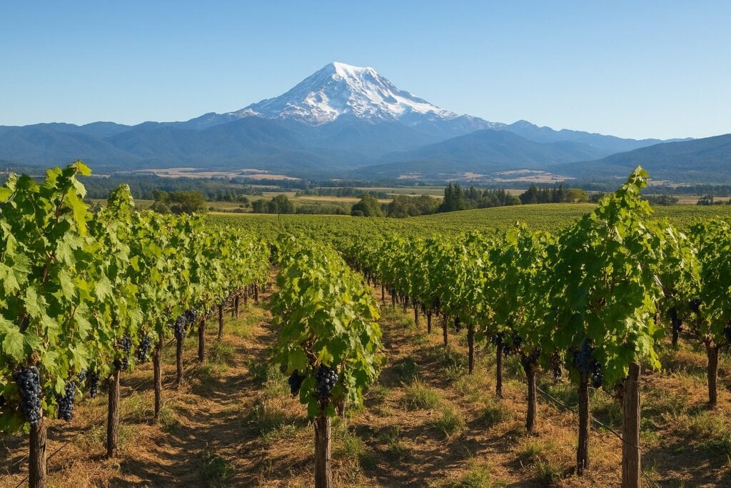 Washington State vineyard with Cascade Range in the background.