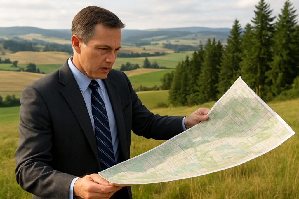 Land broker with a map of Washington farmland