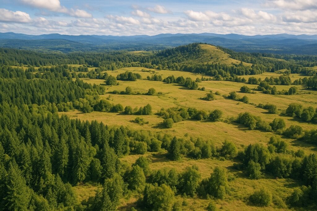 Aerial view of diverse habitats in Washington State with forests, hills, and grasslands.