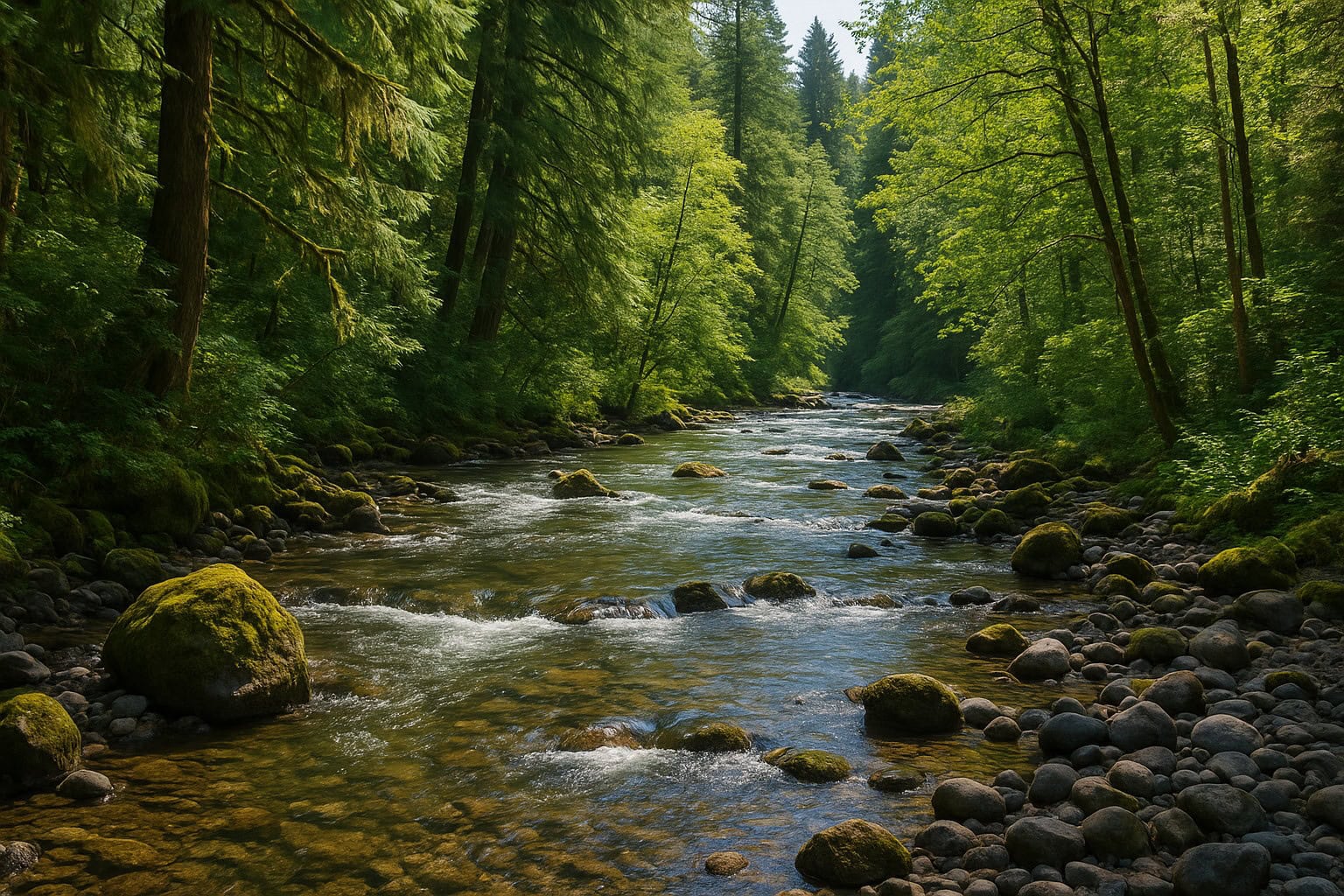 Serene river in a Washington State forest, illustrating water availability for wildlife.