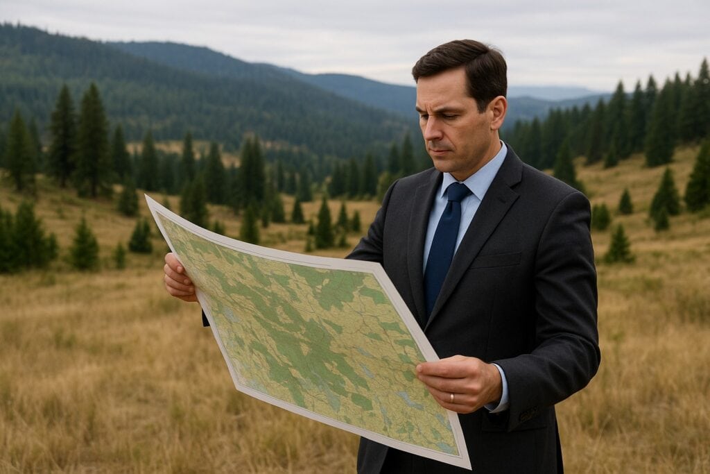 Land broker in Washington State landscape with map.