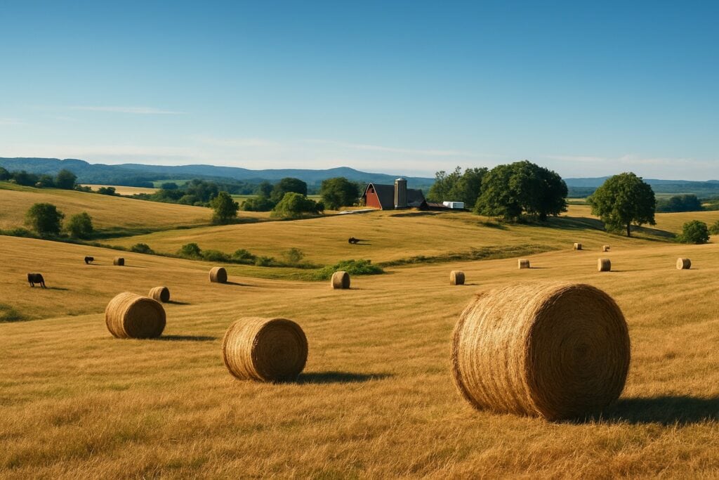 A Washington State farm with hay fields under a clear blue sky.