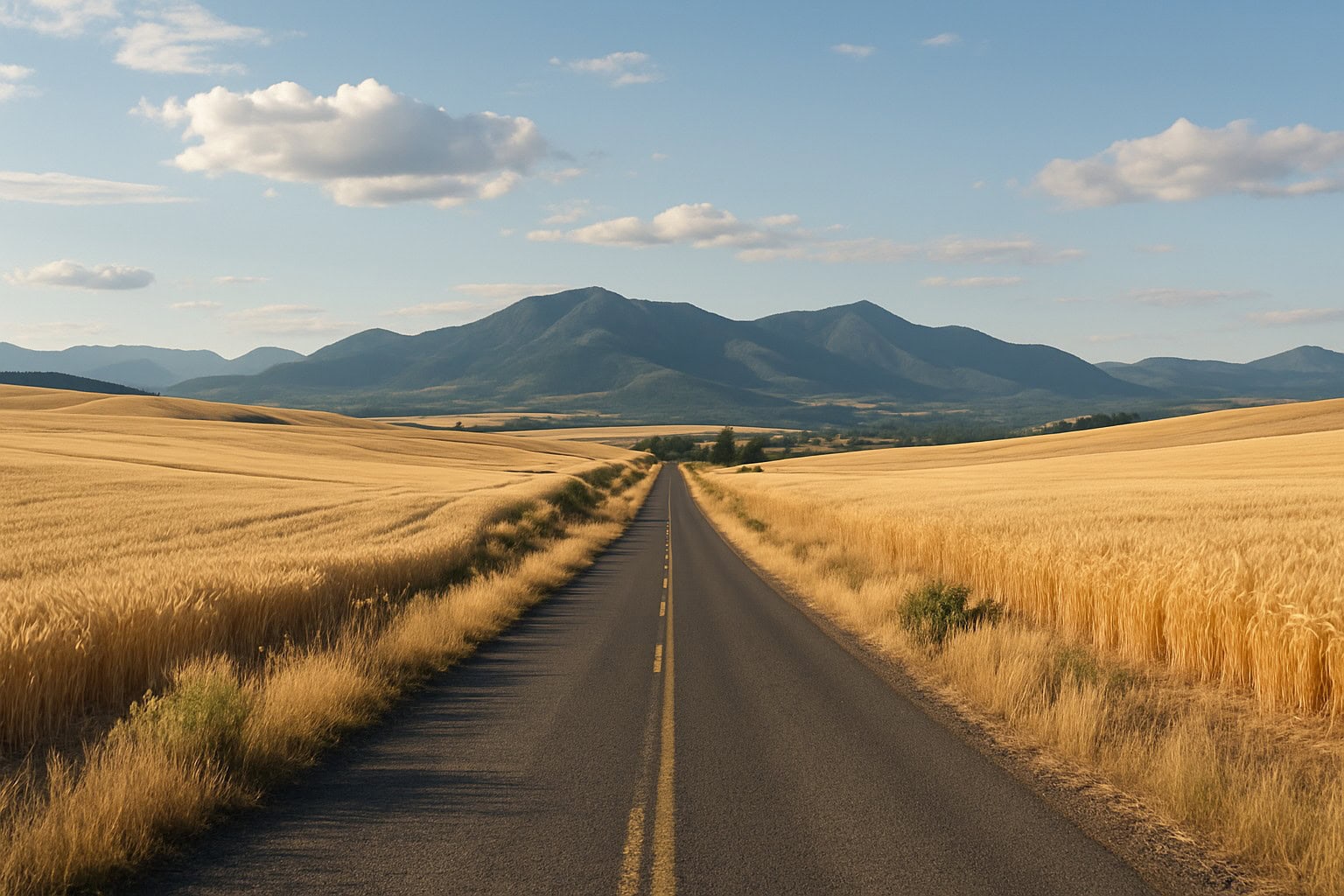 Rural road in Washington State with dryland wheat fields.