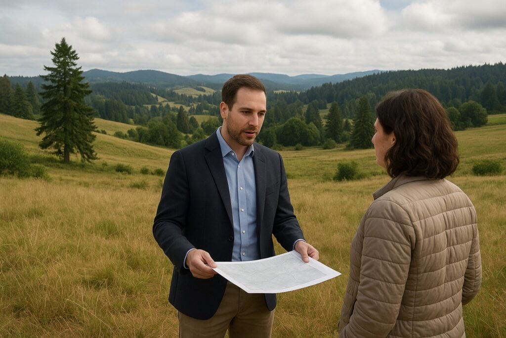 A land broker and client in a rural Washington State setting discussing land purchase plans.