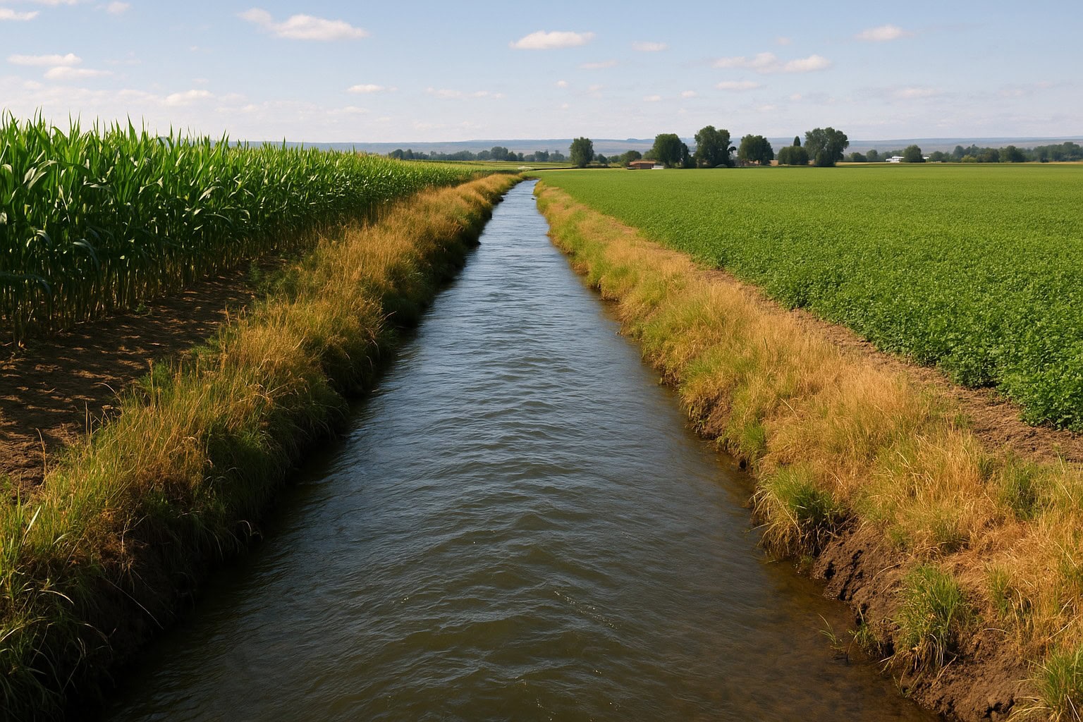Irrigation canal on Washington farmland, highlighting water rights.