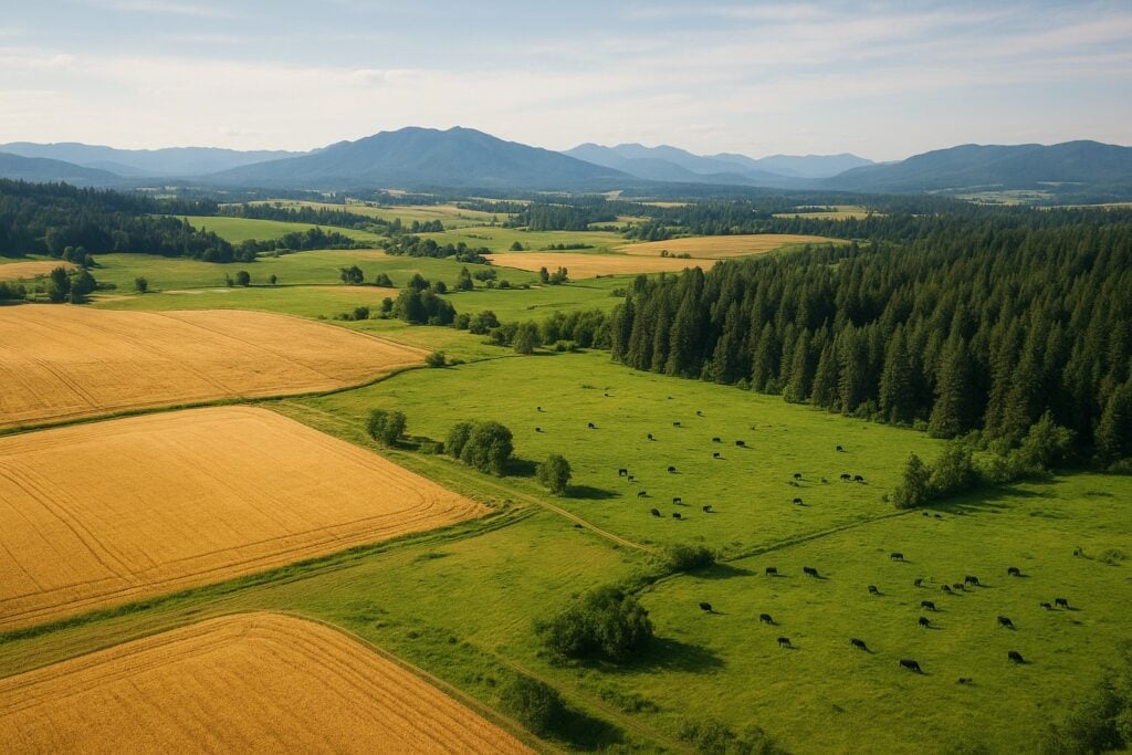 Diverse agricultural landscape in Washington State with wheat fields, grazing lands, and timberland.