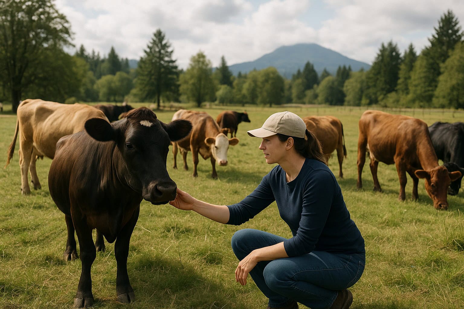 Animal activist with livestock in outdoor grazing area in Washington State.