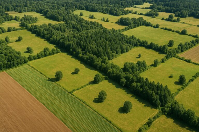 Aerial view of Washington State landscape with agricultural land and forests, highlighting conservation easements.