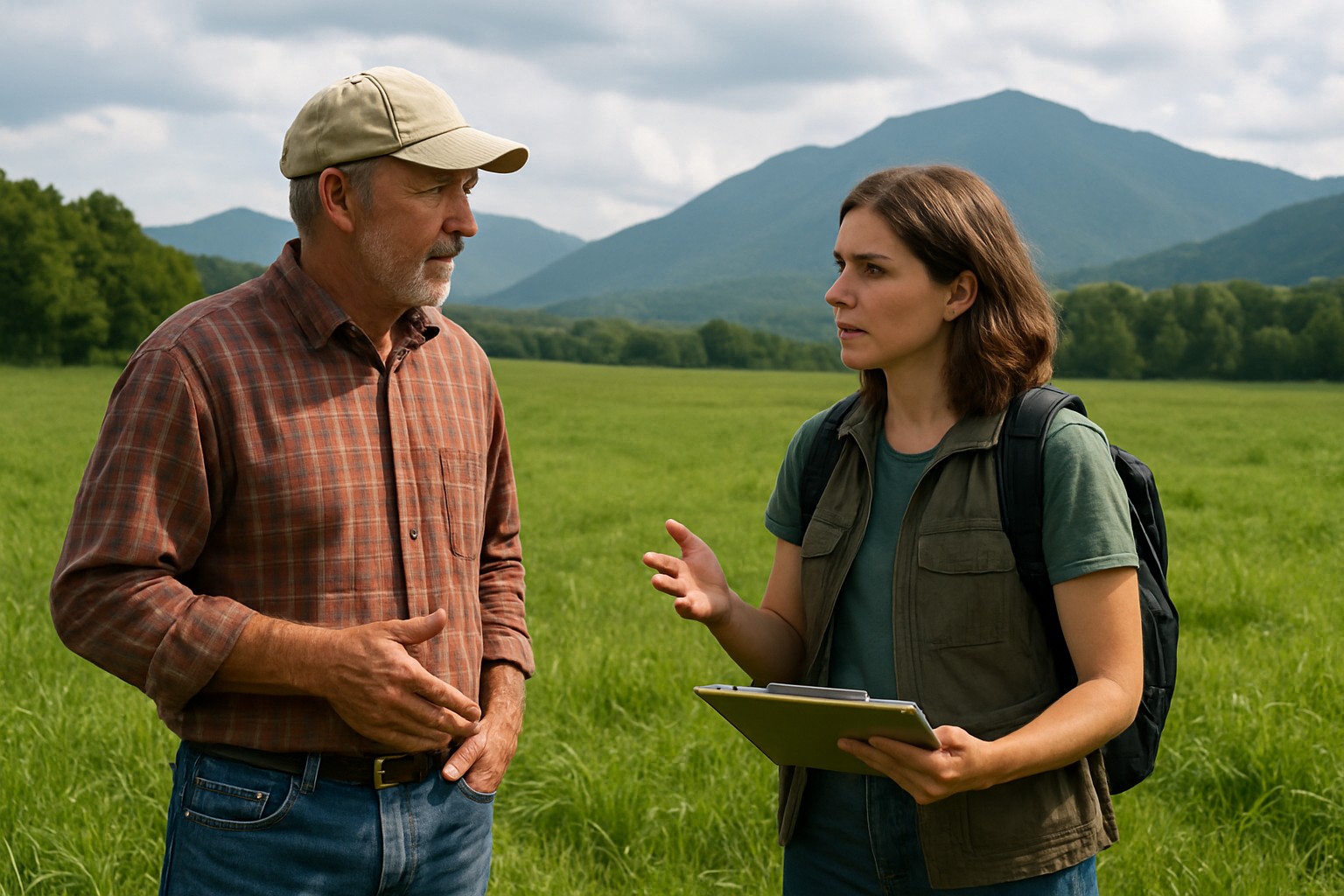 Farmer and conservationist discussing land use on a green field with mountains in Washington State.