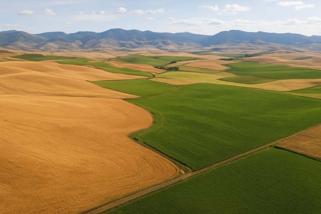 Diverse agricultural landscape in Washington State with wheat fields and hay ground.