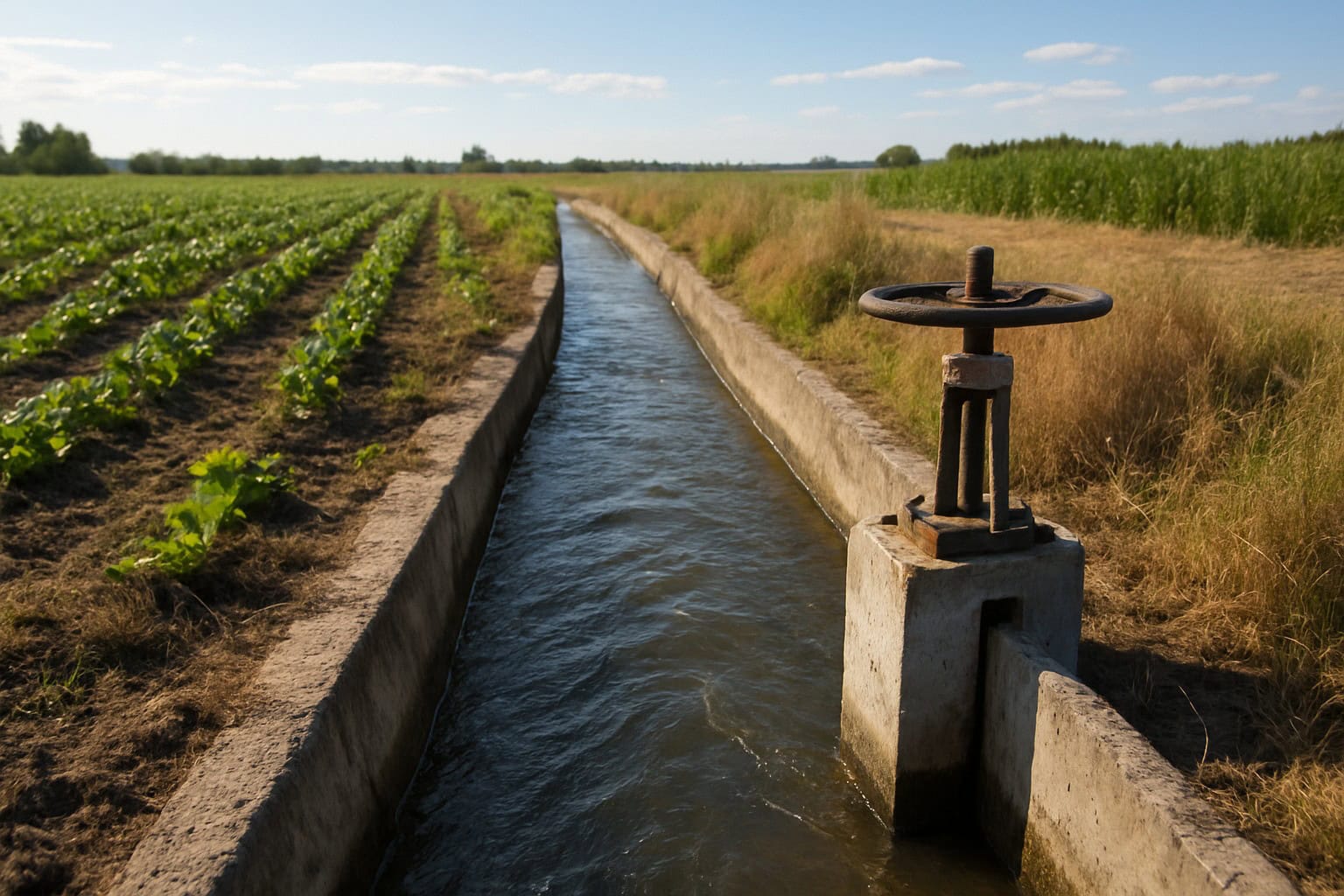 Irrigation canal on Washington farmland, illustrating water management.