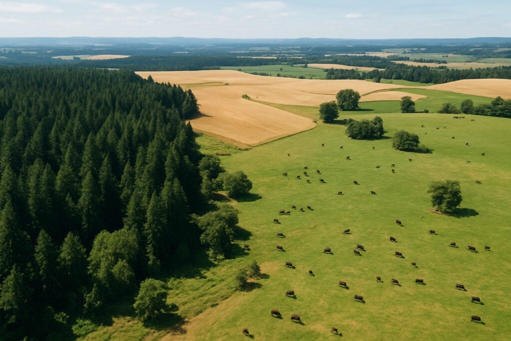 Drone view of Washington State's diverse landscapes including timberland and wheat fields.