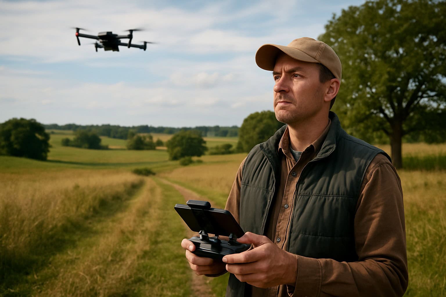 Land broker operating a drone in a rural Washington setting.