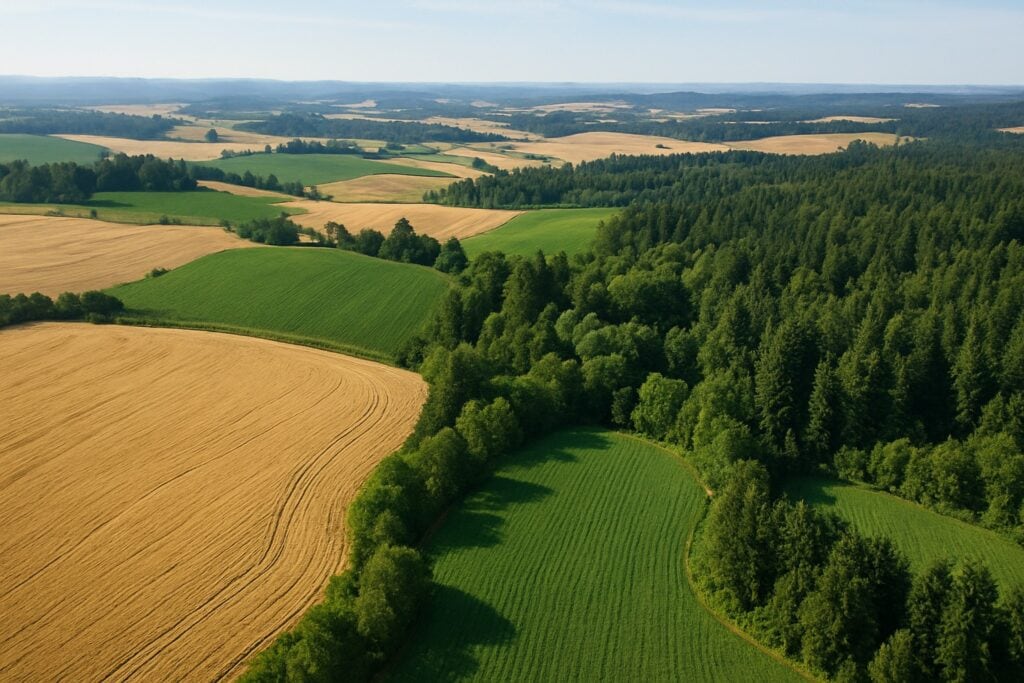 Aerial view of Washington State agricultural landscapes with dryland wheat fields and forests.