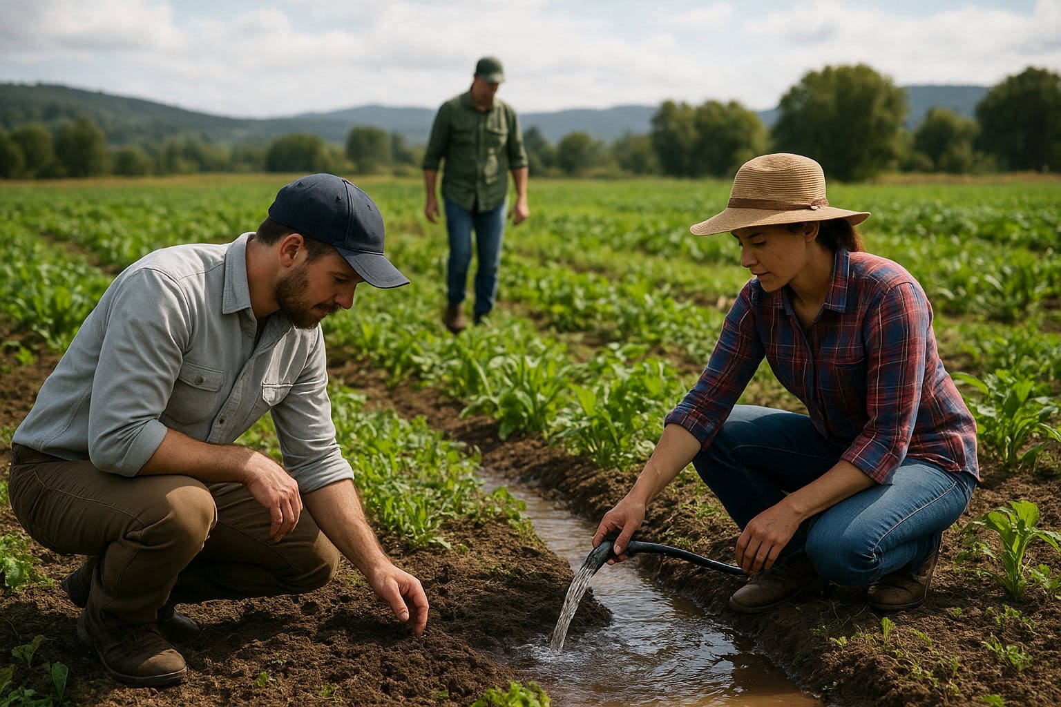 Farmers practicing sustainable agriculture in Washington State, emphasizing soil and water conservation.
