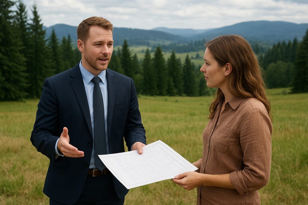 Land broker and client in rural Washington discussing land details.