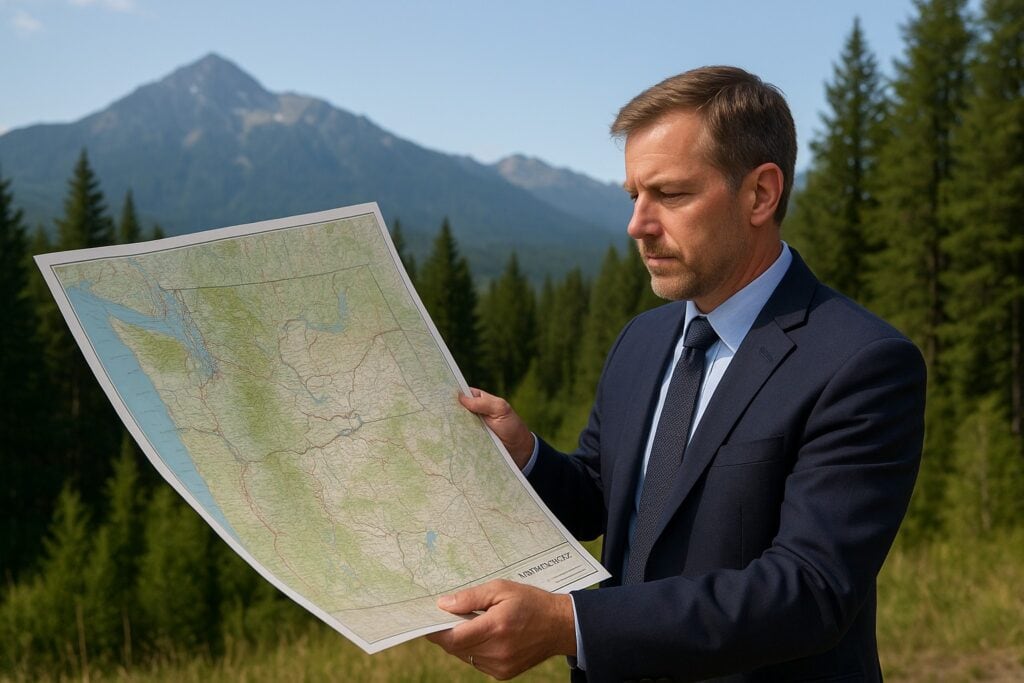 Land broker with a map in rural Washington setting.