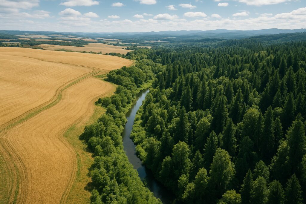 Aerial view of Washington State landscapes with wheat fields and forests.