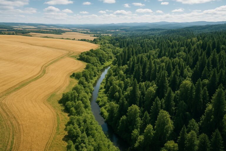 Aerial view of Washington State landscapes with wheat fields and forests.
