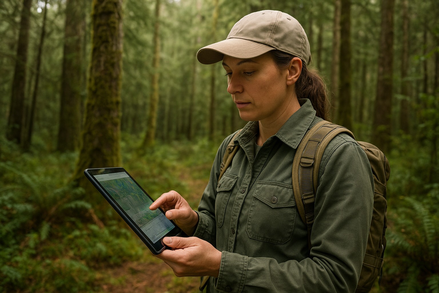 Wildlife biologist using a tablet in a Washington forest.