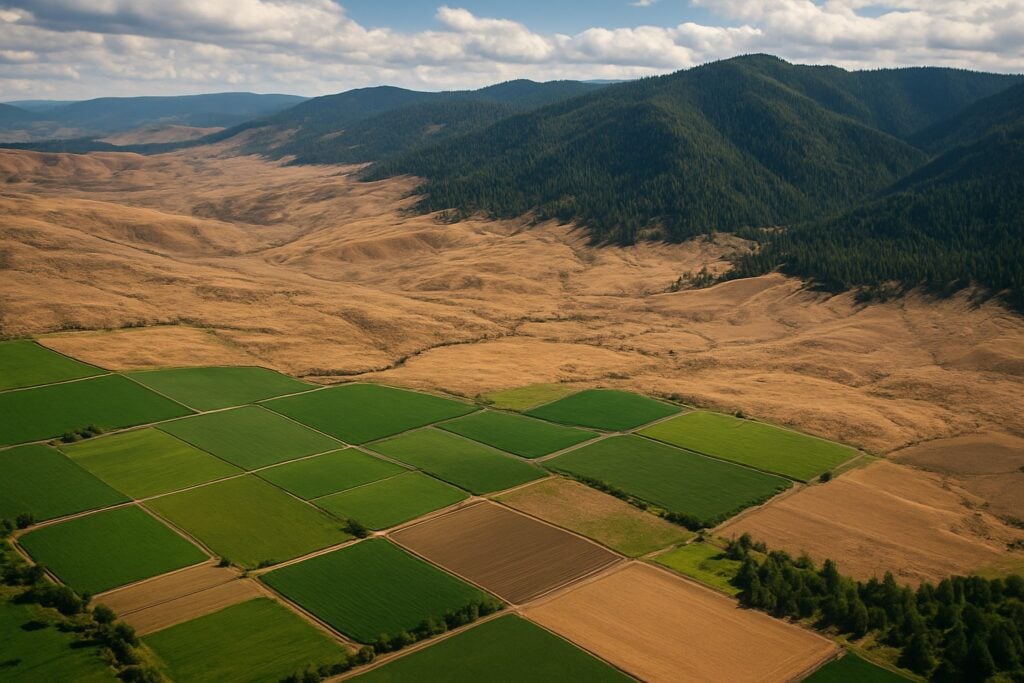 Aerial view of Washington State's diverse landscapes including farmland, desert, and mountains.